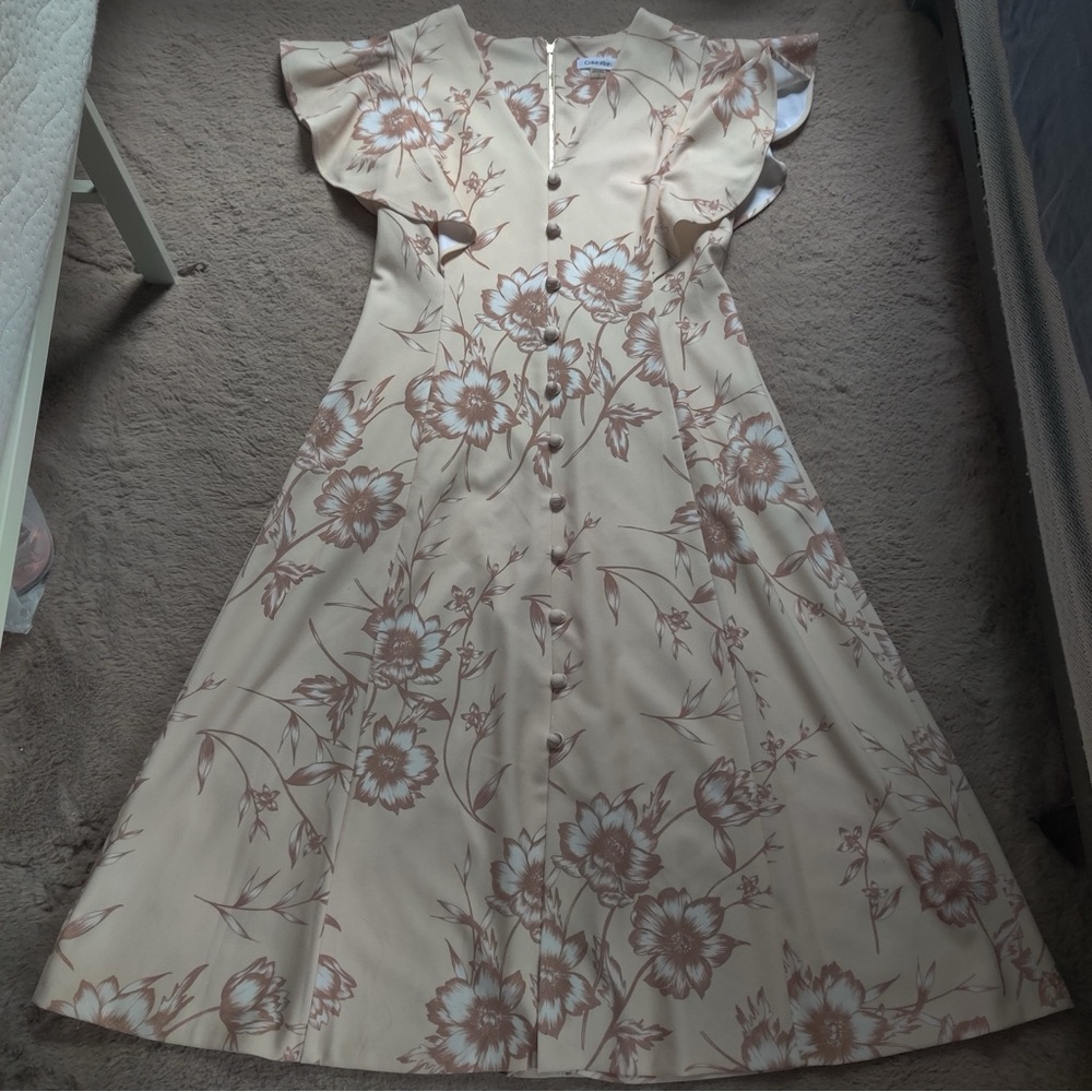 Calvin Klein Flutter Sleeve Cream A-Line Midi Dress V Neck Button Front Size 10 - Picture 2 of 10